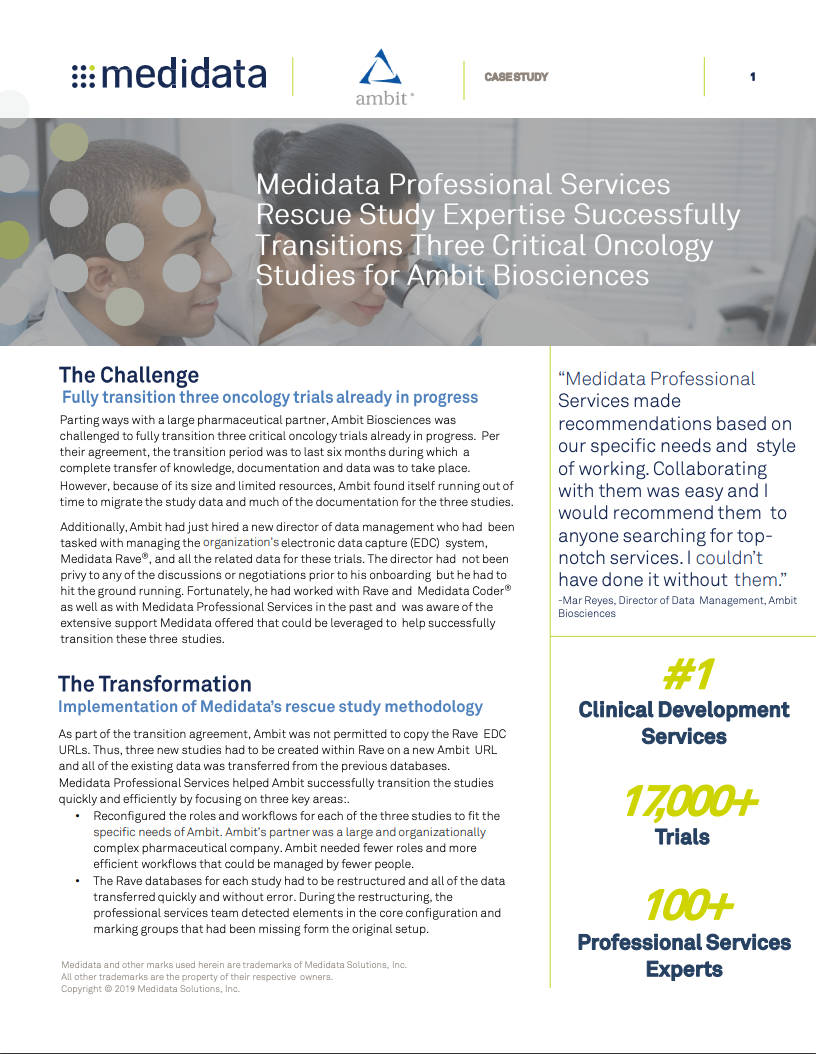 Medidata Professional Services Successfully Migrates Three Critical Oncology Studies for Ambit Biosciences