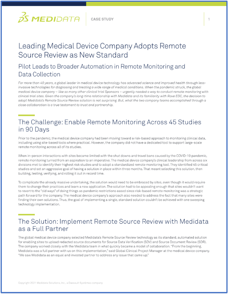 Leading Medical Device Company Adopts Remote Source Review as New Standard